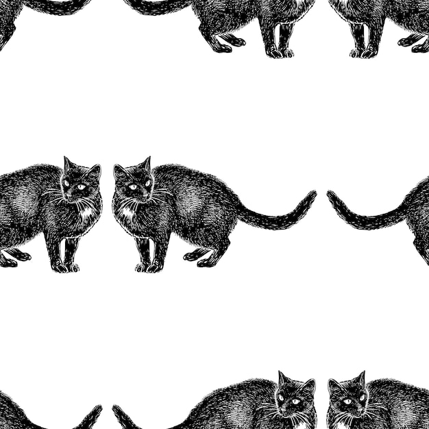 Seamless background of sketches of black cats