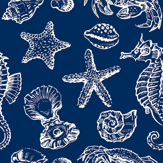 Seamless background of sketches of sea creatures