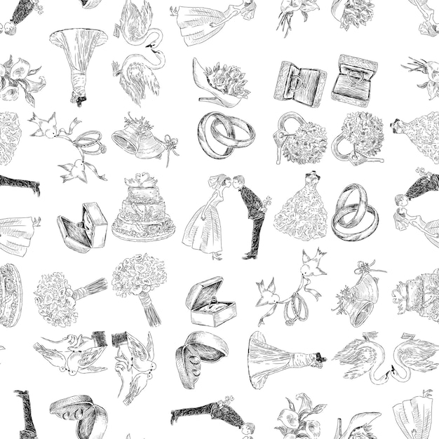 Seamless background of sketches various wedding symbols