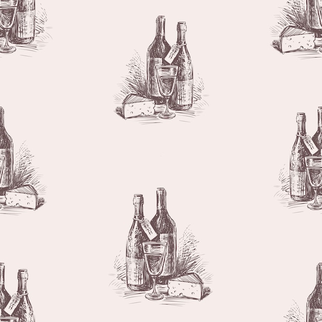 Seamless background of sketches wine bottles wine glass and cheese