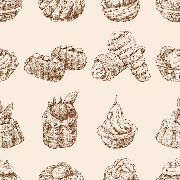 Seamless background of various brownies sketches