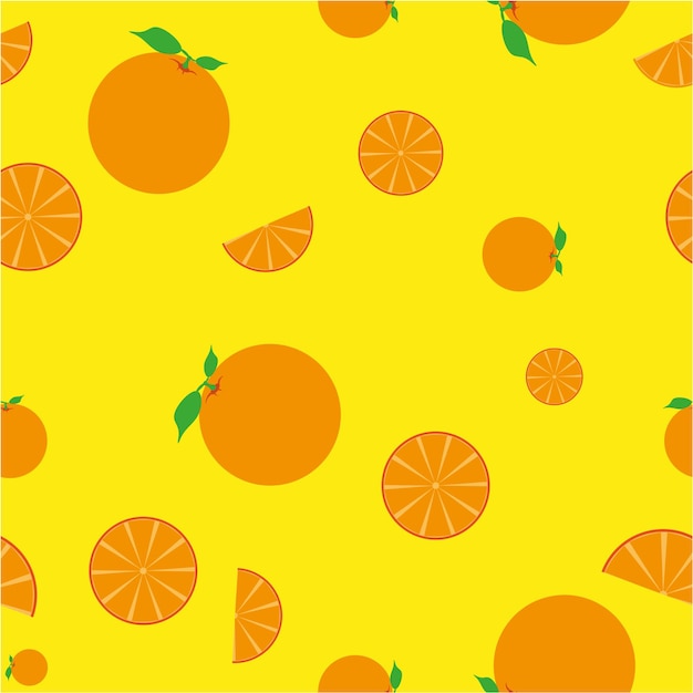 Seamless background of whole oranges and halves on a yellow background