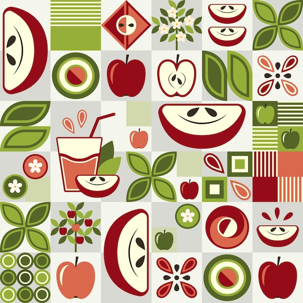 Seamless background with apples and abstract geometric shapes Simple minimal style