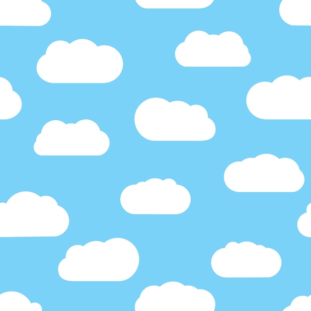 Seamless background with blue sky and white cartoon clouds. Vector illustration.