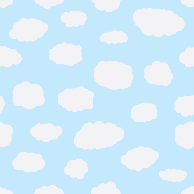 Seamless background with blue sky and white cartoon clouds. Vector illustration.