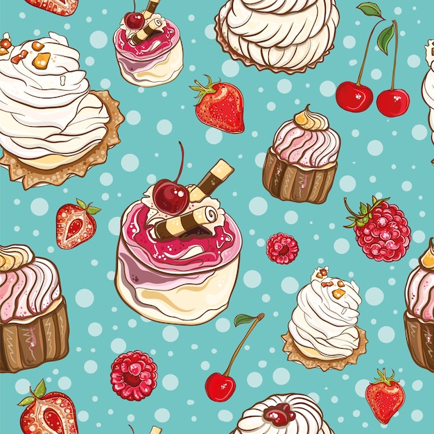 Seamless background with cakes and berries. pattern. 