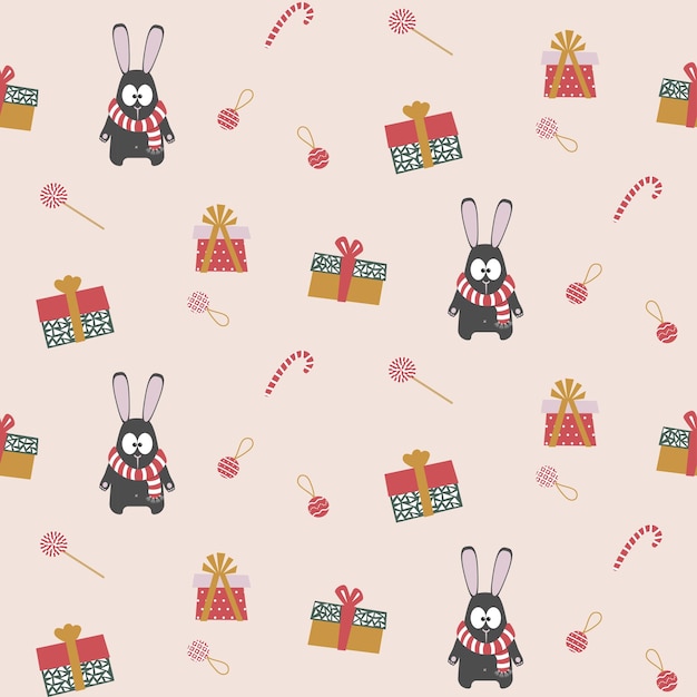 Seamless background with Christmas hares gifts candies Wrapping paper print pattern