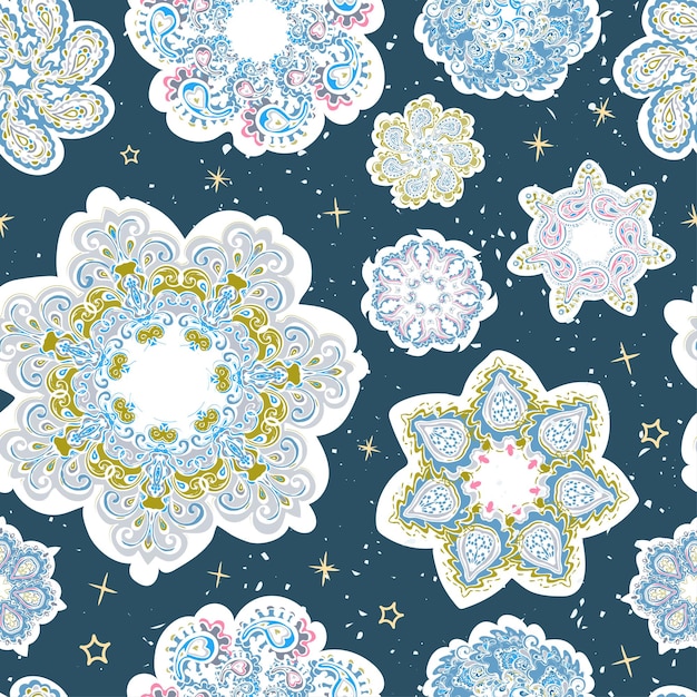 Seamless background with colorful hand draw illustration of snowflakes