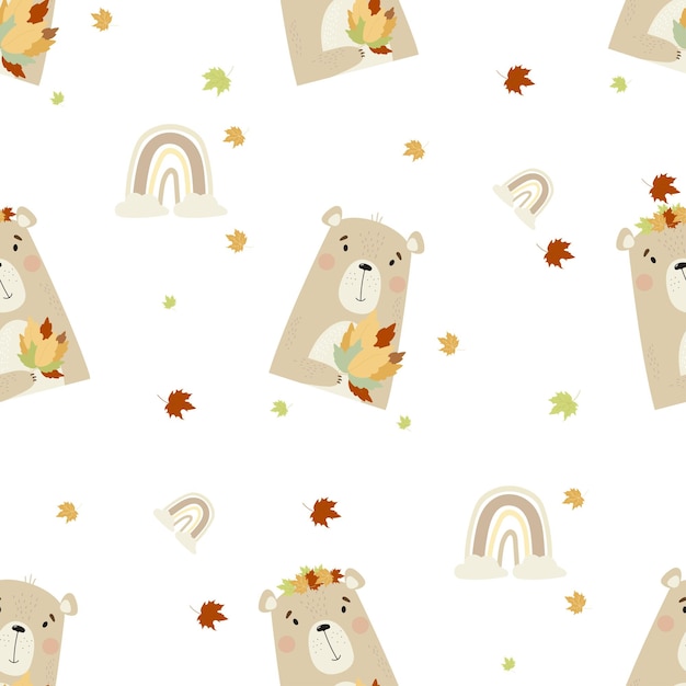 Seamless background with Cute bear with bouquet of autumn leaves on white background with rainbow