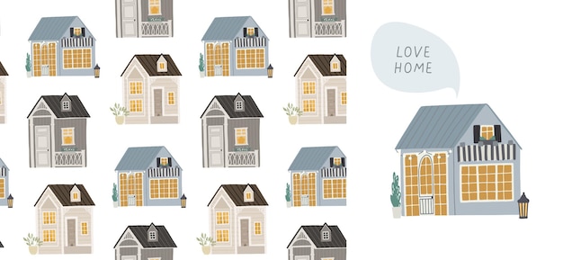 Seamless background with cute houses. Illustration for children.