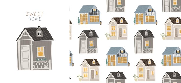 Seamless background with cute houses. Illustration for children.