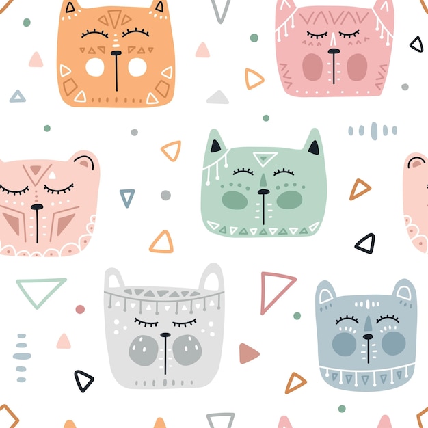 Seamless background with different funny cat faces in Scandinavian style