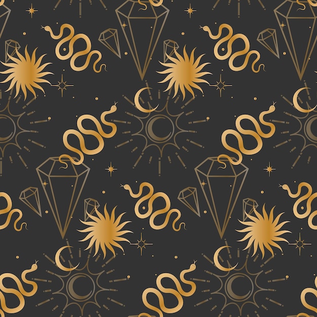 Seamless background with esoteric gold symbols pattern with stars snakes crystal sun moon diamond