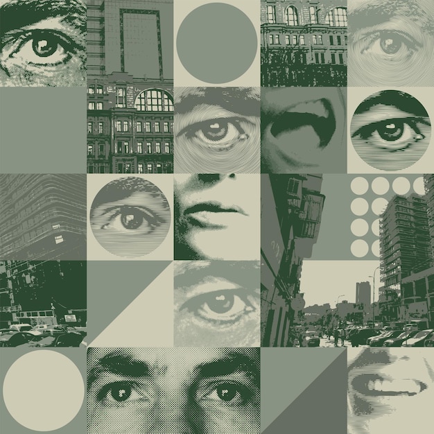 Vector seamless background with eyes and buildings