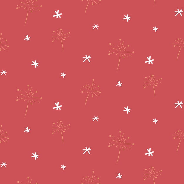 Seamless background with fireworks and snowflakes on red Christmas or New Year wrapping paper