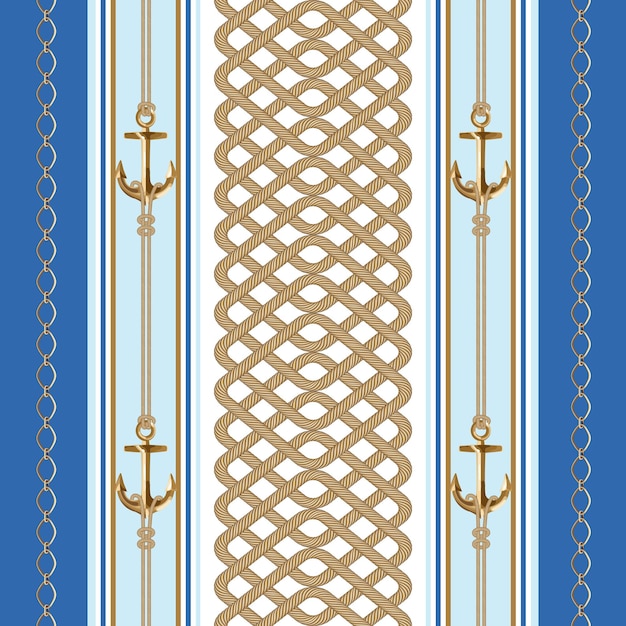 Seamless background with gold chains anchorsrope in marine style