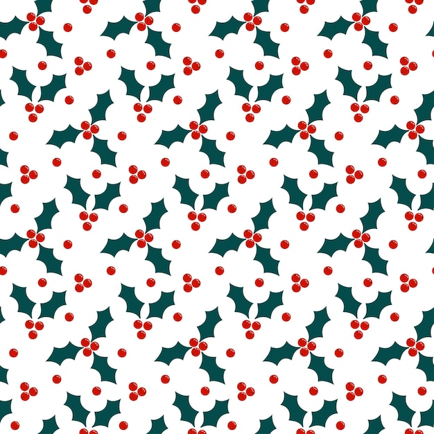 Seamless background with holly leafs with berries on white Wrapping paper print pattern