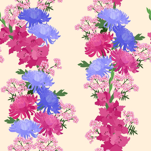 Seamless background with Japanese chrysanthemum and gladiolus on a beige background