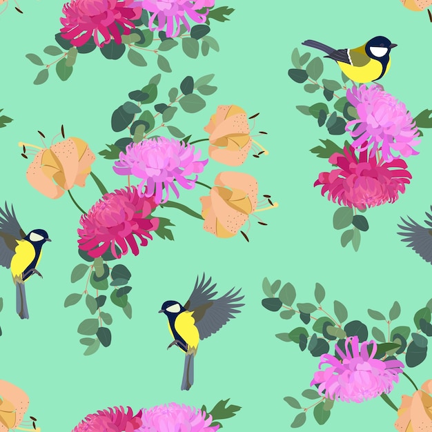 Seamless background with Japanese chrysanthemums lily and titmouse on a turquoise background