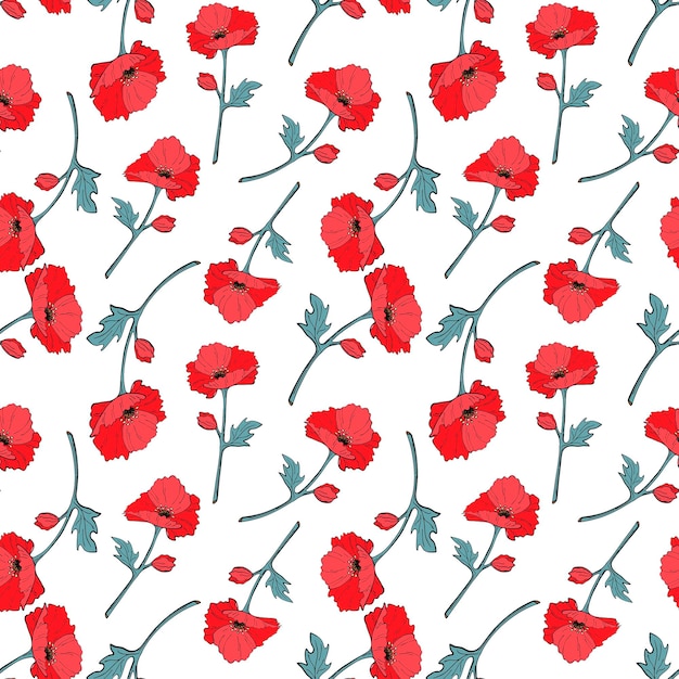 Seamless background with red and blue flowers and leaves Print with poppies Vector illustration