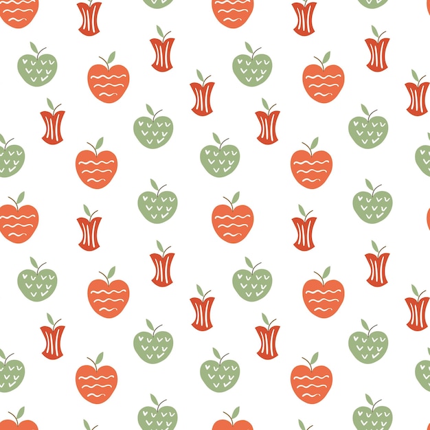 Seamless background with red and green apples and leaves Vector repeating pattern with apples whole and halves leaves