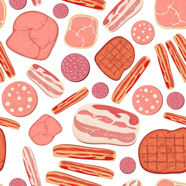 Seamless background with set of cartoon meat products with ham, salami, bacon, sausage and other meat slices, illustration.