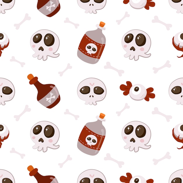 Seamless background with skulls, bones, potion bottles, eyes. Square pattern on a white background