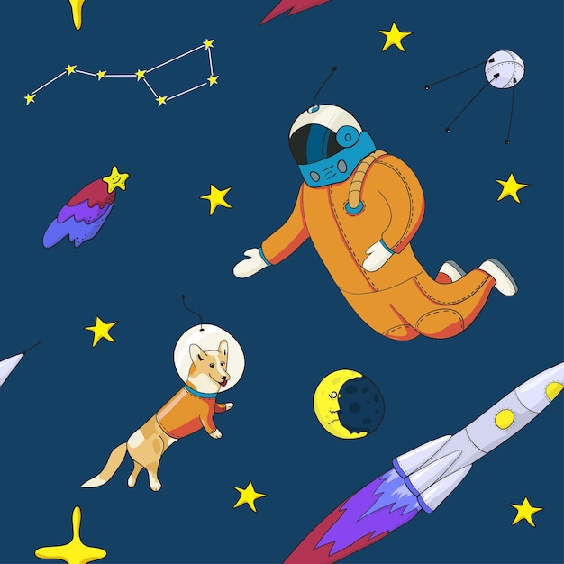 Seamless background with space objects cosmonaut dog in a spacesuit satellite comet moon stars constellations