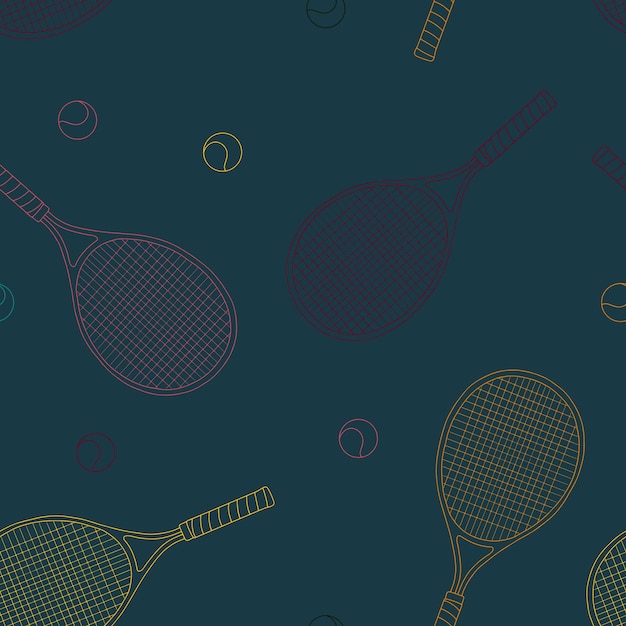 Seamless background with tennis racquets and balls. Blue background with white objects.