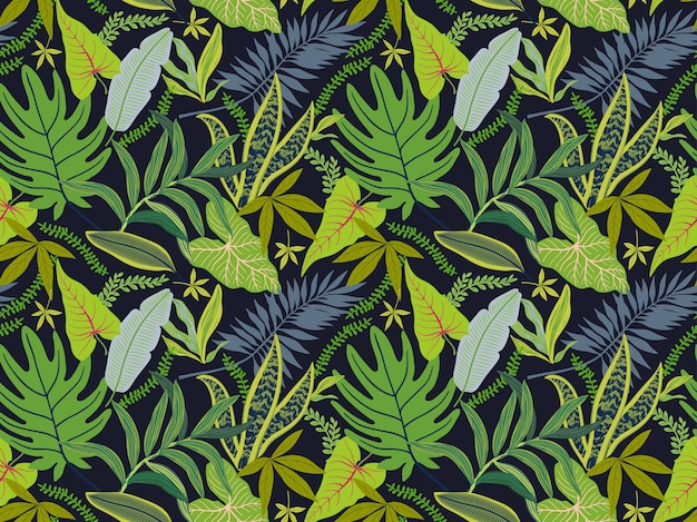 Seamless background with tropical leaves. Bright jungle pattern with palm leaves and exotic plant.nd.