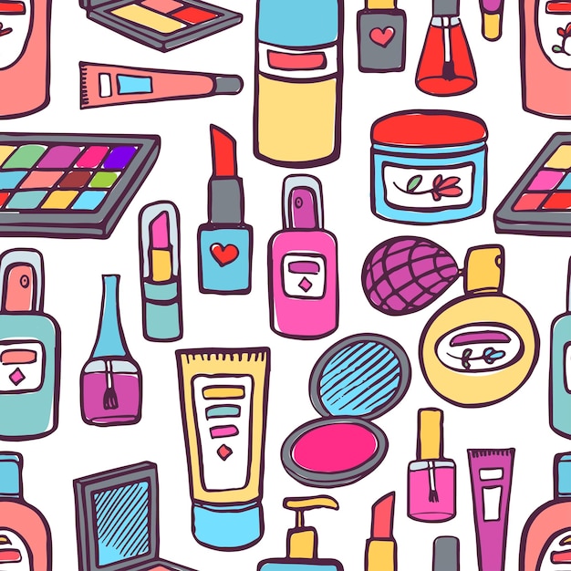 Seamless background with a variety of cosmetics and products for body care. hand-drawn illustration