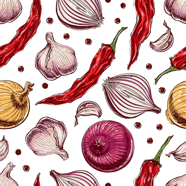 Seamless background with vegetables and spices. hand-drawn illustration