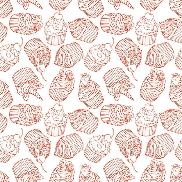 Seamless background of yummy cute cupcakes. Hand-drawn illustration