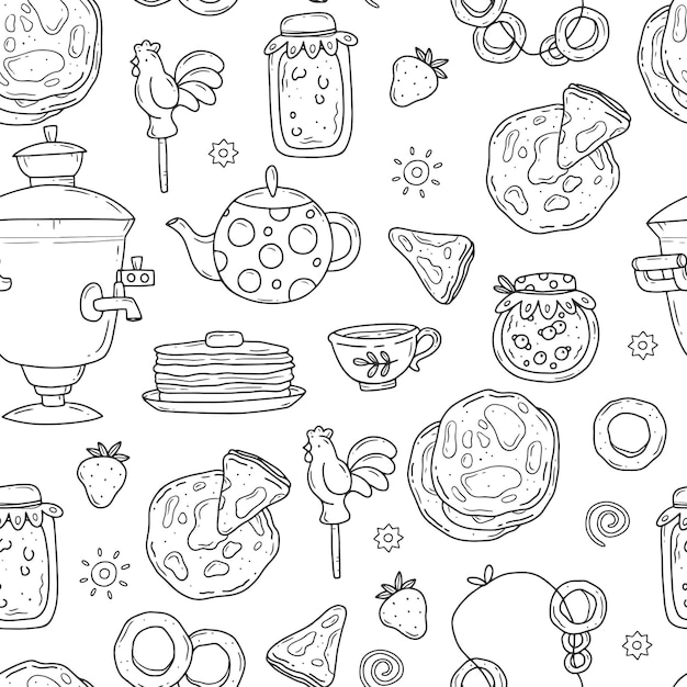 Seamless black and white pattern with foodpancakes tea jam strawberries lollipop bagel