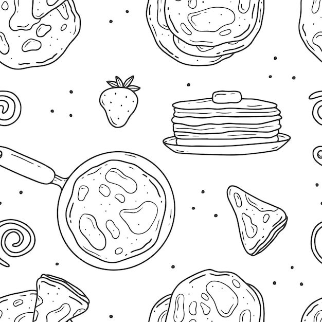 Seamless black and white pattern with pancakes and strawberries Pancake day Maslenitsa