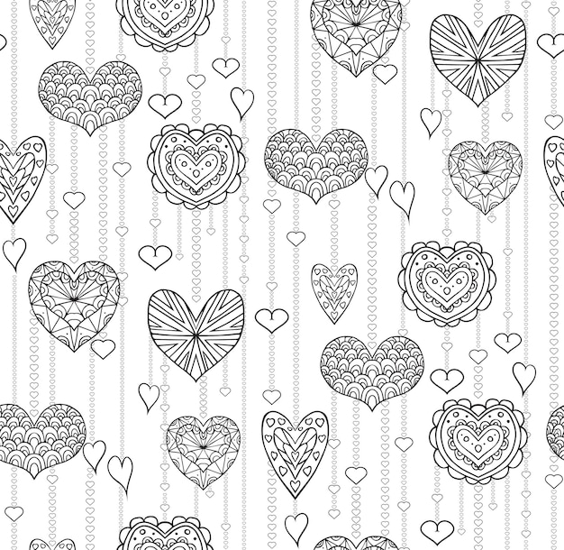 Seamless black and white texture with hanging doodle hearts for your creativity