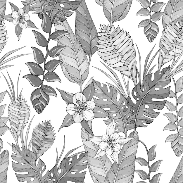 Seamless Black and whitefloral pattern with hand drawn jungle leaves and flowers Heliconia flowers and tropical leaves