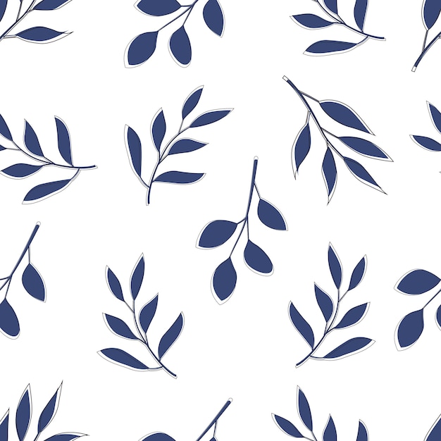 Seamless blue leaf branch pattern drawing Blue ivy leaf classic beautiful garden ornament for fabric design Decor textile wrapping paper wallpaper Vector seamless illustration