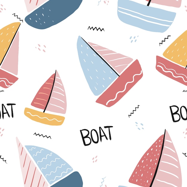 seamless boat pattern with hand drawn sailing and yachts on white background