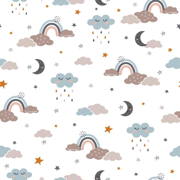 Seamless Boho Pattern with Cute Cartoon Rainbow Moon Clouds and Stars Design for wallpaper wrap