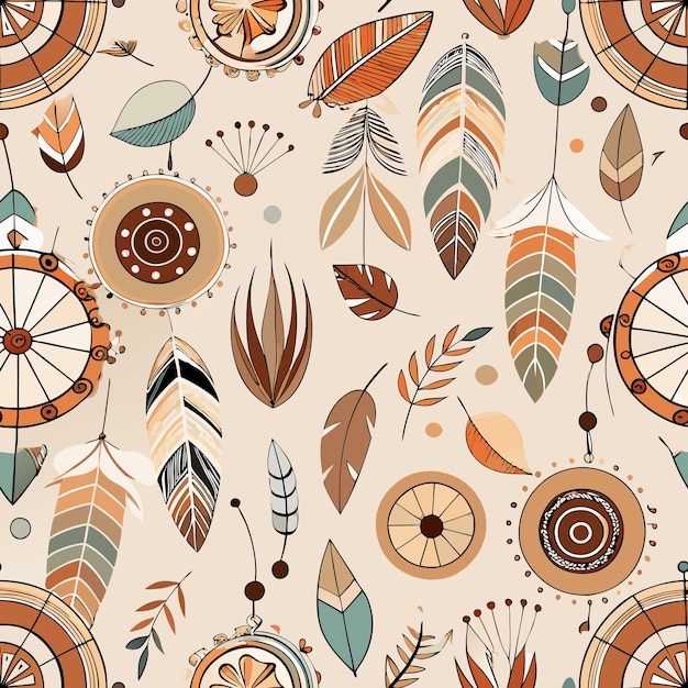 Vector seamless boho pattern with feathers dreamcatchers and beads in neutral and earthy tones