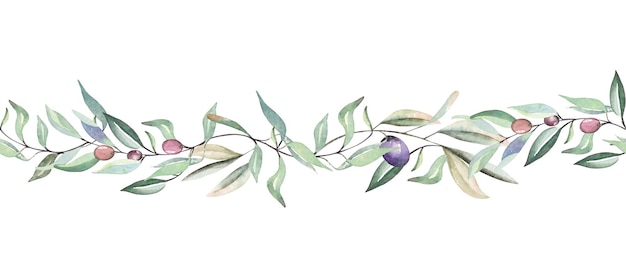 Seamless border leaves and olive with watercolor.Botanical rim for border design.Style nature