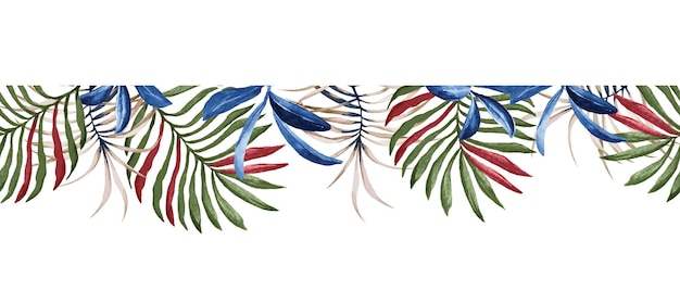 Seamless border palm leaves and flowers with watercolor.Botanical rim for border design.Style nature