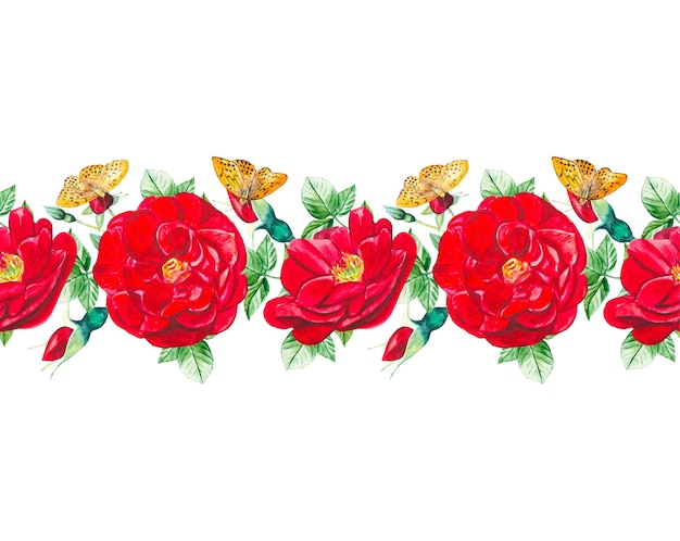 Seamless border of red rose buds and orange butterflies Hand drawn watercolor