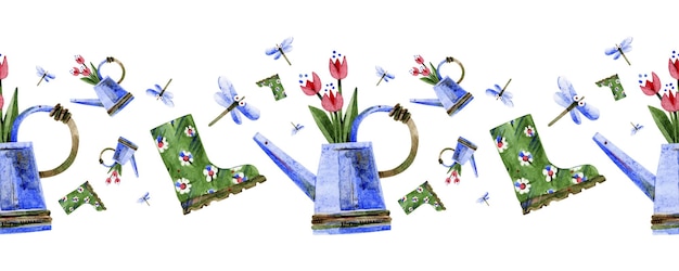 Seamless border Tulips in a watering can rubber boots flying dragonflies Handdrawn watercolor illustrations on a white background Design for adhesive tape wallpaper textiles packaging