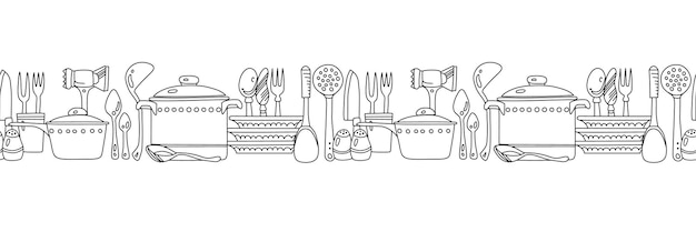 Seamless border with cutlery and cooking pans Vector illustration on transparent background