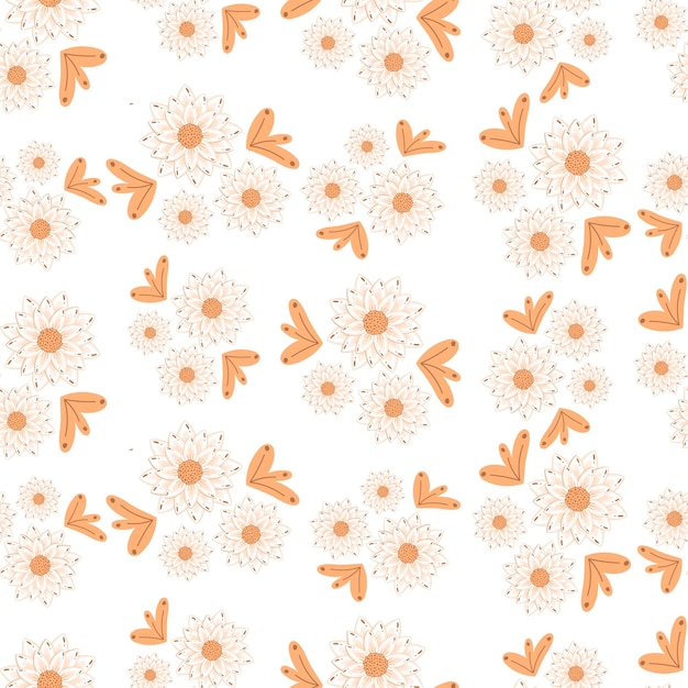 Seamless botanical ornament pattern with autumn small abstract doodle flowers in warm pastel colors isolated on white background in flat cartoon style