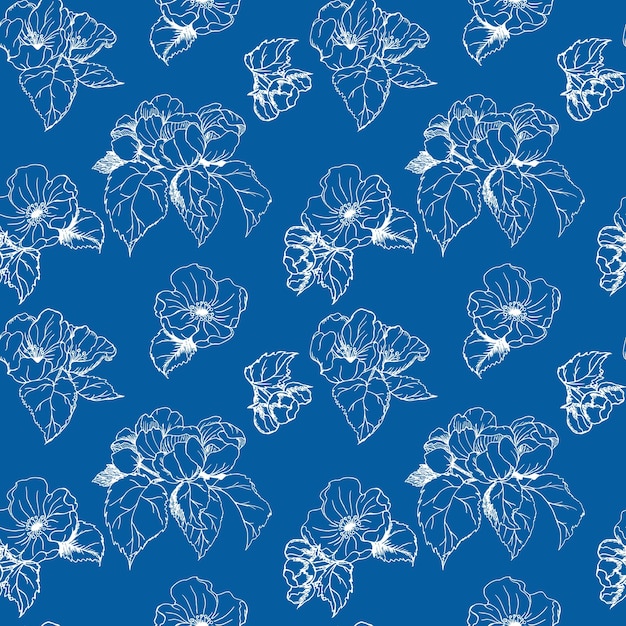 Seamless botanical pattern of flowers and leaves of apple tree Spring petals and buds are handdrawn on a blue background Realistic ink sketch Vintage design for textiles wallpapers packaging fabrics