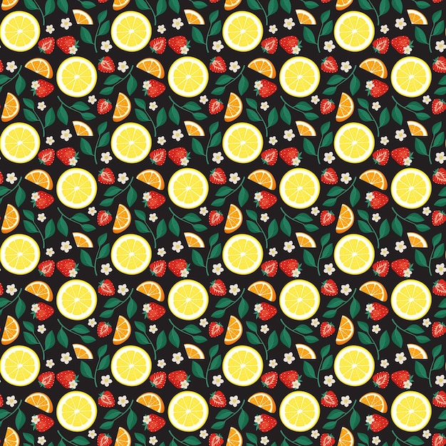 Seamless bright spring and summer pattern with orange lemon and strawberry with leaves on dark background Print of citrus fruits and berries Vector flat illustration of healthy food