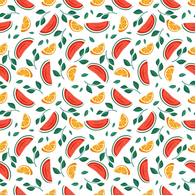 Seamless bright spring and summer pattern with oranges watermelon leaves and slices on white background Print of citrus fruits and berries Vector flat illustration of healthy food